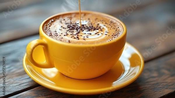 Fototapeta Yellow coffee cup with coffee being poured in, featuring latte art and cocoa sprinkles, highlighting the charm of coffee presentation.
