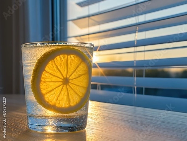 Fototapeta Glass of sparkling water with a lemon slice by the window, illuminated by sunlight, creating a refreshing and pleasant scene.