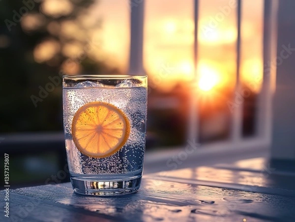 Fototapeta Glass of sparkling water with a lemon slice on an outdoor table against a sunset backdrop, exuding a relaxing and serene vibe.