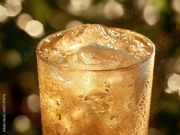 Fototapeta Glass of drink with ice cubes, featuring water droplets on the surface, suggesting a cold and refreshing beverage.