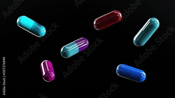 Fototapeta Colorful Capsule Pills Floating on a Black Background – 3D Render