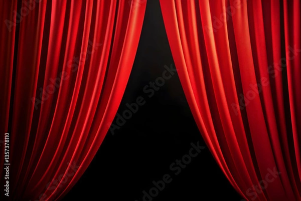Fototapeta A stunning image of luxurious red curtains pulled apart, revealing a mysterious black backdrop, perfect for dramatic scenes.