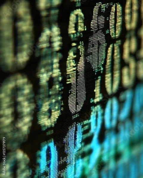 Fototapeta Close - up of blurry binary code on a screen, representing digital information and computer language.