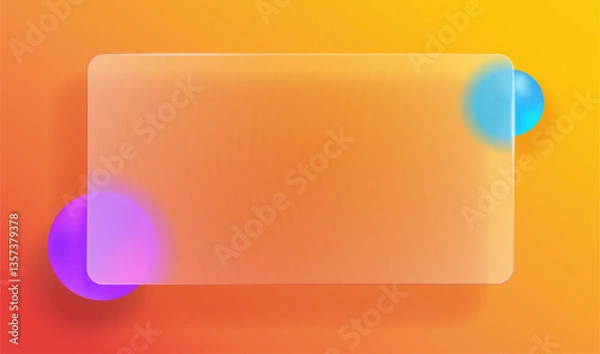 Fototapeta Frosted glass plastic window text box frame illustration with blurred round shapes design for ui interface screens or website modern graphic element, morphism style yellow orange red background image