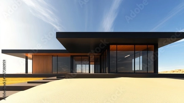 Fototapeta A modern architectural design with a deep black roof and large rectangular windows, contrasted by a rich, warm wooden exterior