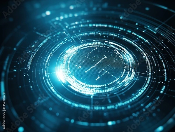 Fototapeta Blue circular tech interface pattern with light and code, suggesting a digital control system.