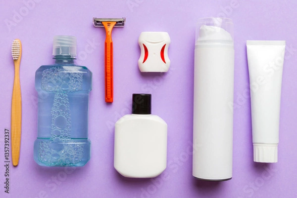 Fototapeta Mockup for bathing products top view flat lay, spa razor, toothpaste, soap, gel and other various accessories. Cosmetics for skin health. Bath Mockup for your logo