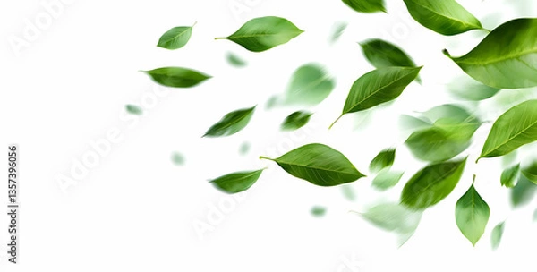Fototapeta A vibrant display of green leaves elegantly floating against a clean white background, symbolizing nature's beauty and freshness.