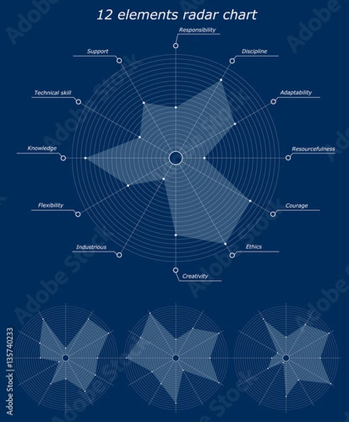 Obraz Infographic pattern. 12 elements radar chart. Character personality business traits inscriptions for example. Different empty chart with no labels. Vector illustration.