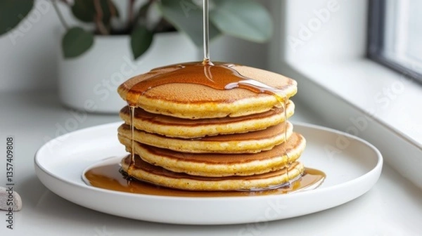 Fototapeta Delicious Stack of Fluffy Pancakes Drizzled with Sweet Maple Syrup