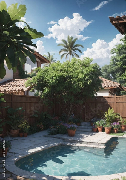 Fototapeta swimming pool with palm trees and tall wooden fence in tropical architecture style with houses in the background with tiled roofs