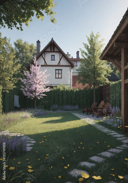 Fototapeta old house in spring with large garden and shadows in the afternoon