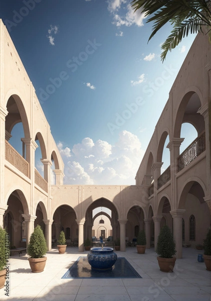 Fototapeta Mosque with tall arches and Spanish architecture and tiny lovely fountain in the center