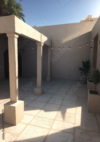 Fototapeta entrance to the city, stone walls and columns decorated by white tile flooring and string lights with plants as accents