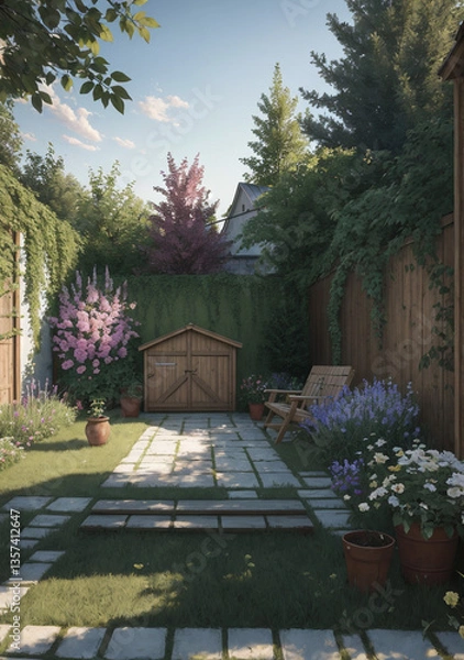 Fototapeta path in the garden with tiny storage shed and blooming spring flowers