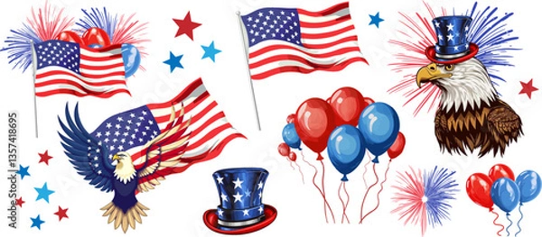 Fototapeta American patriotic design elements. American eagle,  usa flag, red and blue balloons. Vector illustration from ai generated elements.