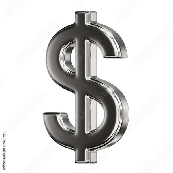 Obraz Chrome Dollar Symbol 3D Render on Transparent Background