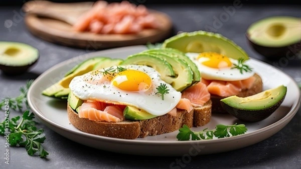 Obraz Two pieces of whole grain toast topped with slices of avocado