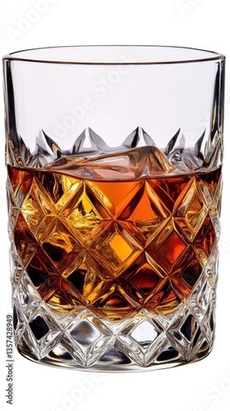Fototapeta Elegant crystal glass filled with amber whiskey showcasing intricate diamond cut design and smooth texture on white background