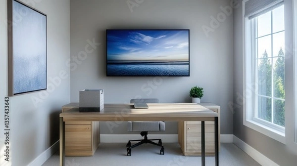 Fototapeta A modern, serene home office with soft grey walls and a light wood desk beneath a mounted TV