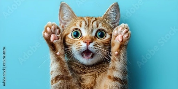 Fototapeta Surprised shocked cat face with paws on head on blue background with copy space. Created with Generative AI