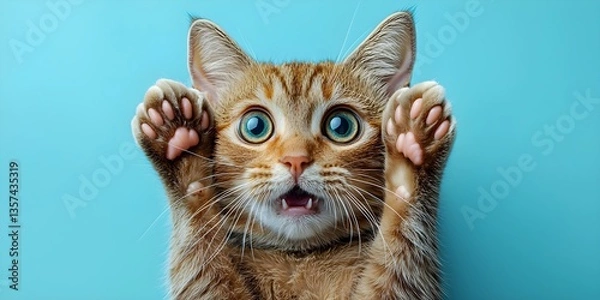 Fototapeta Surprised shocked cat face with paws on head on blue background with copy space. AI generative image