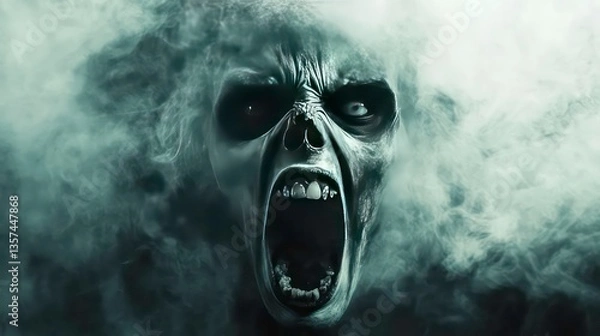 Fototapeta A lone ghostly face screams in terror with eyes wide open and mouth agape surrounded by eerie fog, , foggy scenes