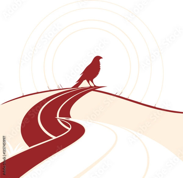 Fototapeta Bird Silhouette on Winding Path with Sun Rays
