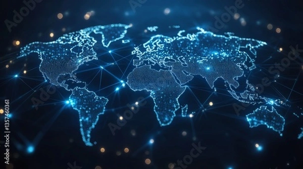Fototapeta Digital illustration of a world map on dark background showcasing global logistics network concept