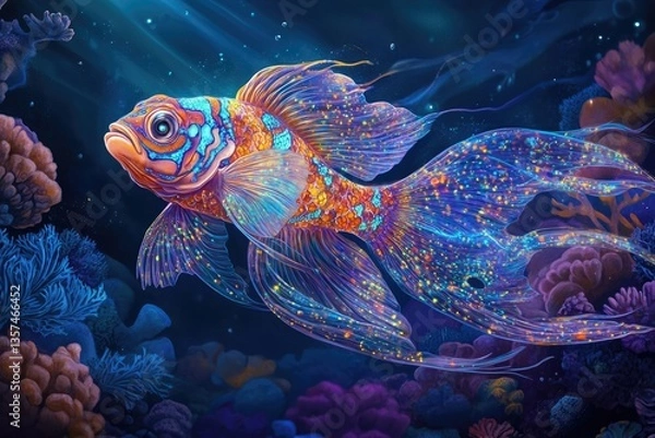 Fototapeta A stunning Mandarin fish with glowing bioluminescent patterns