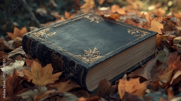 Fototapeta Beautiful Leather-Bound Book Surrounded by Autumn Leaves in a Rustic Setting