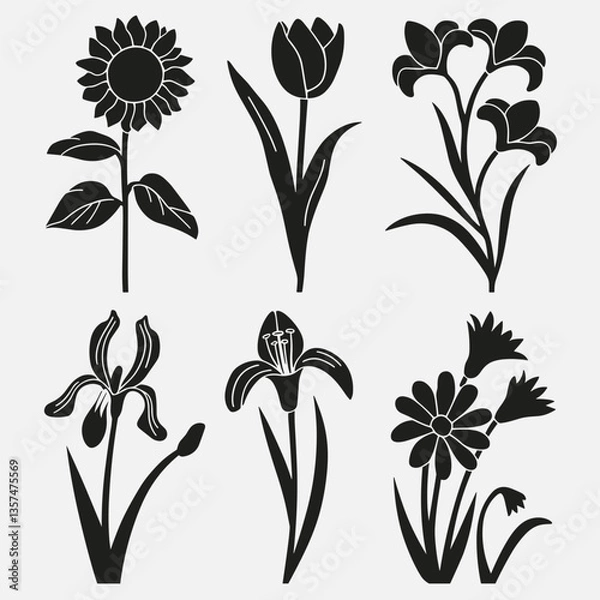 Fototapeta Collection of flower silhouettes including sunflower, tulip, lily, iris, daisy and other floral elements
