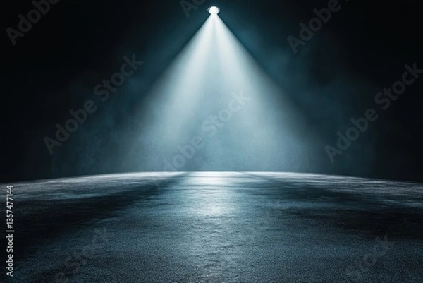 Fototapeta Dramatic spotlight illuminates dark stage floor creating moody atmosphere for performance or presentation