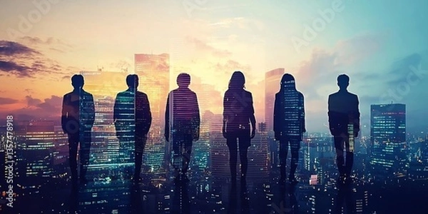 Obraz People and network, silhouette of people looking at a city to learn more about business, digital mixed media. Generative AI