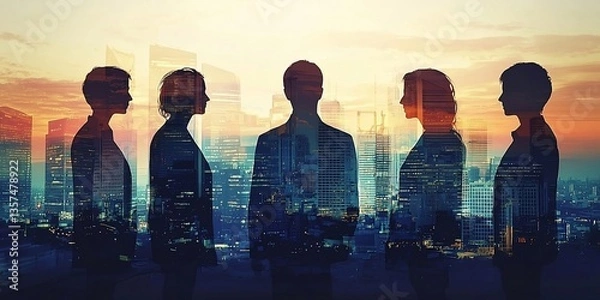 Obraz People and network, silhouette of people looking at a city to learn more about business, digital mixed media. Finest generative AI