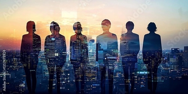 Obraz People and network, silhouette of people looking at a city to learn more about business, digital mixed media. AI generative
