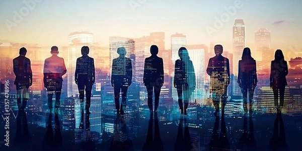 Fototapeta People and network, silhouette of people looking at a city to learn more about business, digital mixed media. Superlative generative AI image