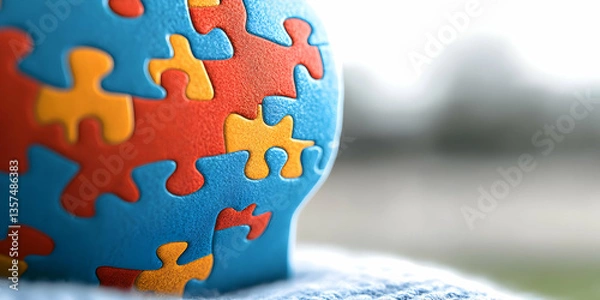 Fototapeta Abstract Puzzle Head with Blue Red and Yellow Pieces Symbolizing Autism Awareness on a Blurry Background Representing Inclusion Understanding and Support with a Focus on Neurodiversity