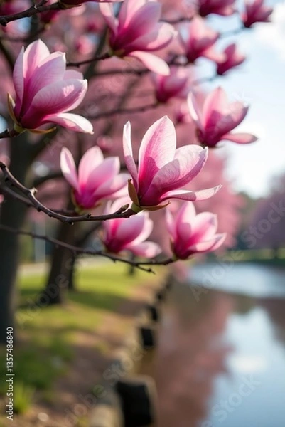 Fototapeta Close-up of pink flowering magnolia tree by Cape Fear River; Fayetteville, North Carolina,  serene,  trees
