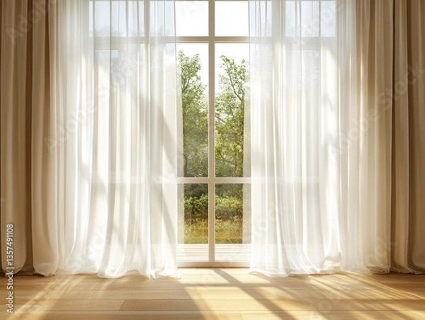 Fototapeta Serene window view with soft curtains and warm sunlight illuminating the wooden floor in a cozy room