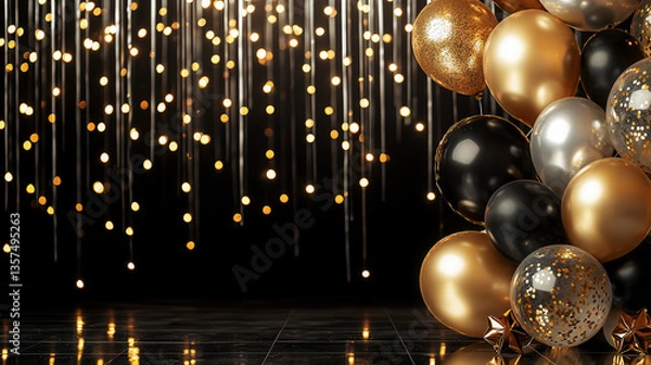 Fototapeta Luxurious black, gold, and silver balloons with glimmering lights and stars form an enchanting backdrop for elegant, joyful celebrations.