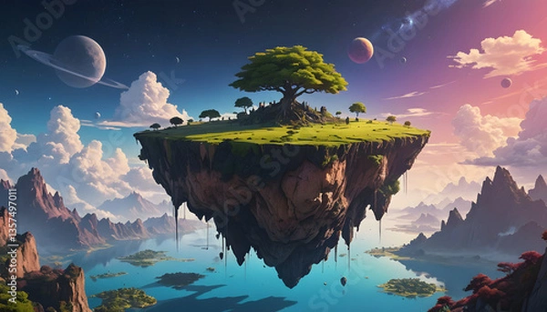 Fototapeta A imaginary floating island suspended in an endless void of shifting colors