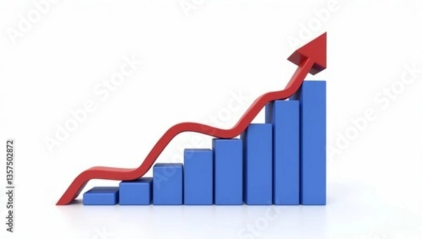 Fototapeta Red arrow soaring above a steadily rising blue bar graph, symbolizing triumphant growth and overcoming initial challenges, with a clean white background.