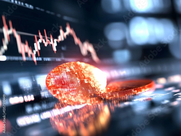 Obraz Red Metal Coins and Stock Market Chart Displayed on Reflective Surface Financial Investment and Trading in a Digital Age Showing Wealth Increase and Economic Growth