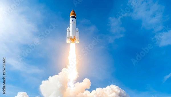 Fototapeta Rocket Launching Into a Blue Sky with White Clouds Generating Plumes of Smoke and Fiery Exhaust Showing Technological Advancement in Space Travel