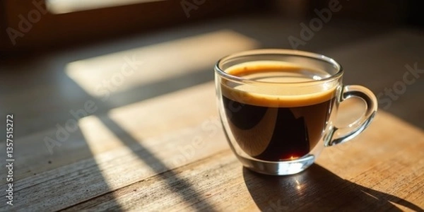 Obraz A single serving of dark roasted coffee sits in a clear glass cup, illuminated by sunlight streaming through a nearby window, casting shadows on a rustic wooden surface.