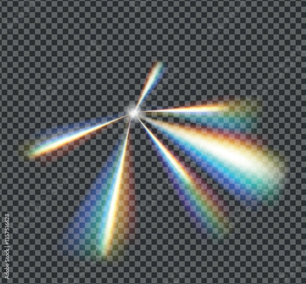 Fototapeta Rainbow lens prism ethereal flare effect on crystal glass or camera film filter with bokeh, abstract rainbow colorful rays leaks, Film leak light overlay texture on transparent background