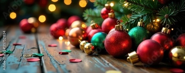 Fototapeta Colorful Christmas tree ornaments scattered on the floor, colorful decorations, colorful ornaments