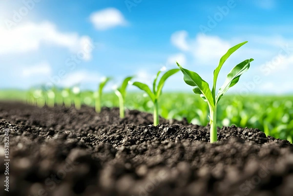 Fototapeta Young Green Corn Plants in Fertile Soil Under Blue Sky in Agricultural Field Growing Neatly with Vibrant Foliage on a Sunny Day Agriculture and Cultivation Concept