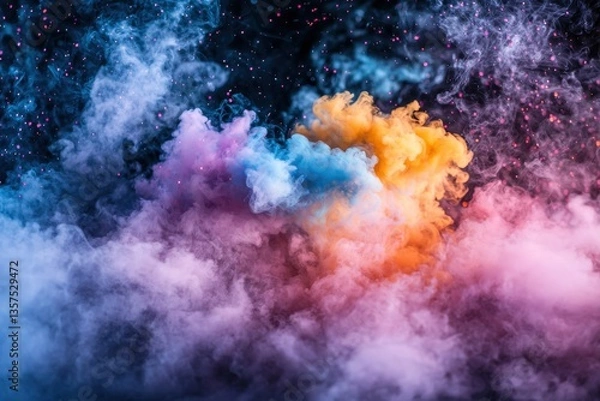 Fototapeta An ethereal scene of colorful smoke blending in a cosmic dance, against a dark backdrop sprinkled with stars, creating a dreamlike and enchanting atmosphere.